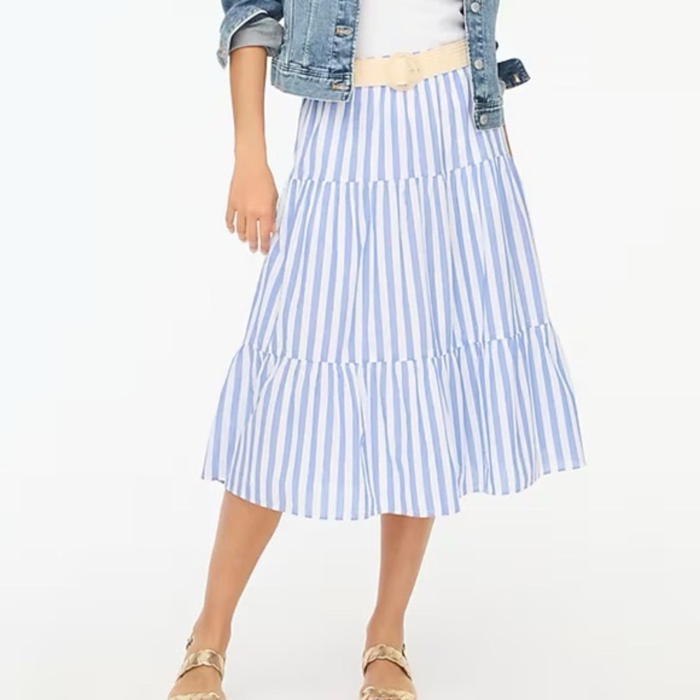 J.Crew Striped Tiered Midi Skirt Women’s Large Blue White 31.5”